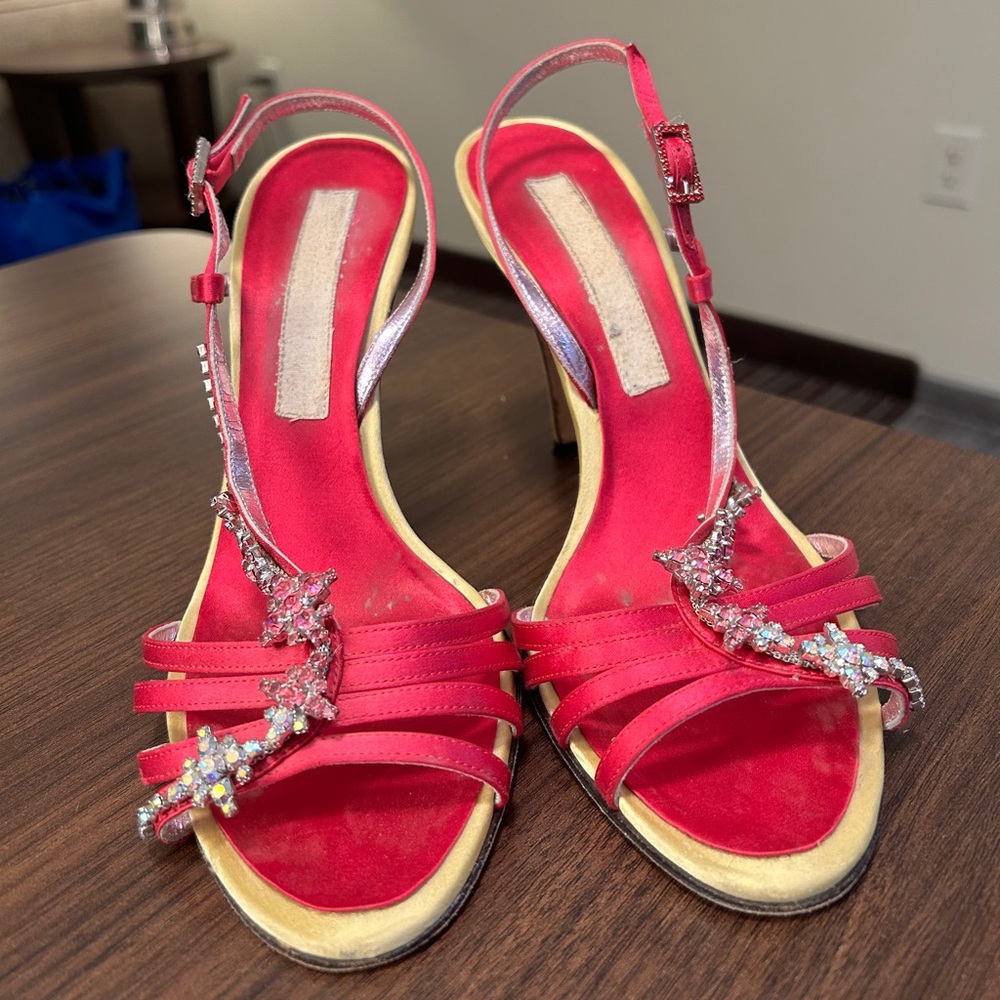 Christian Lacroix Red Strappy Heels with Crystal Embellishments